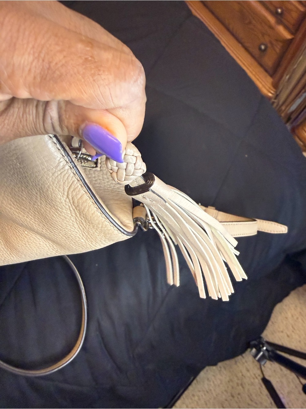 Tory Burch Marion Fold-Over Crossbody Bag | Pebbled Leather | Light Beige/Taupe - Picture 14 of 15